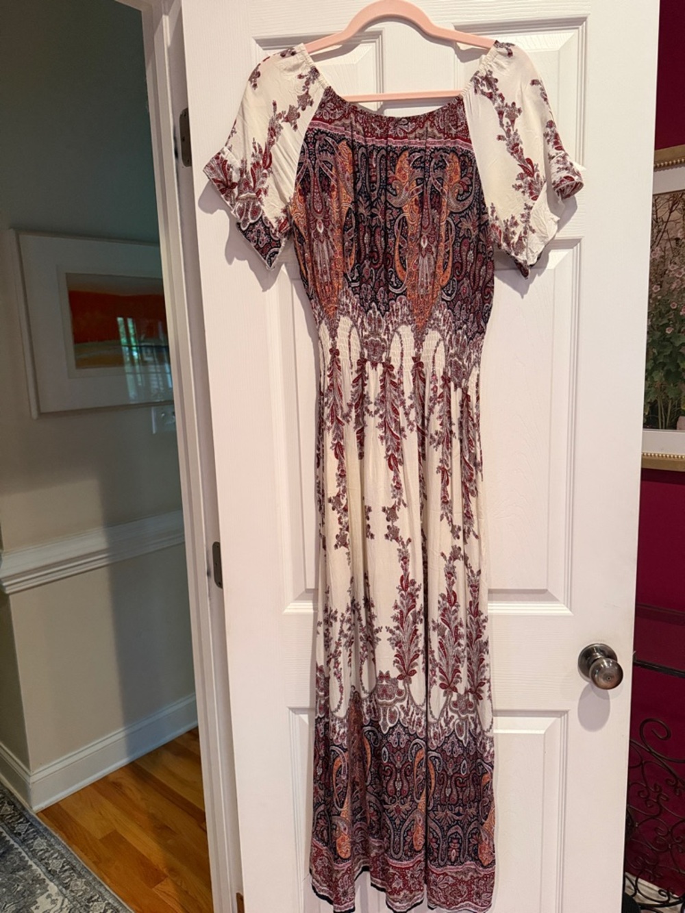 KINDRED. Anthropology.  Bohemian Cream Maxi Dress with Burgundy Paisley Print